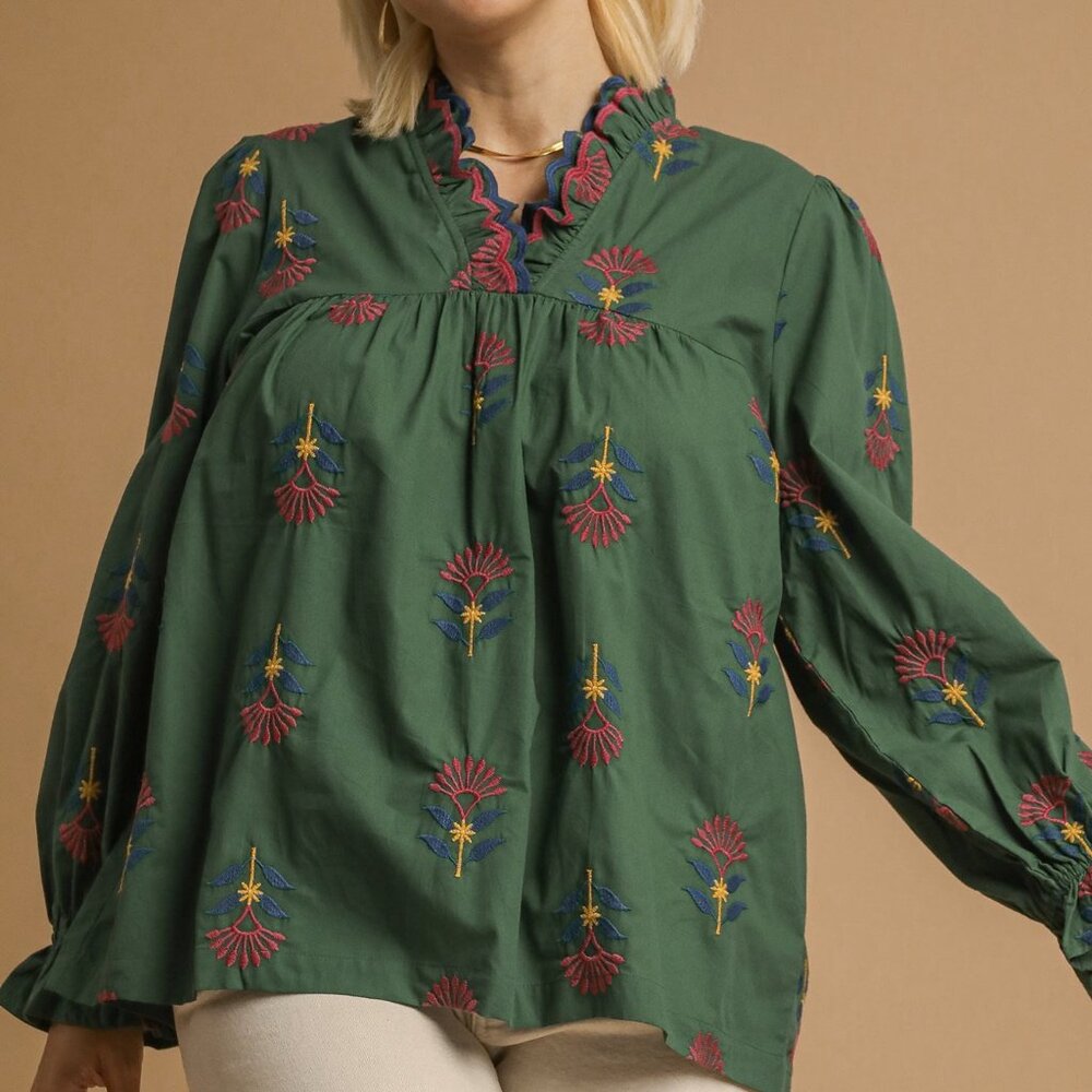 UMGEE Embroidered Floral Ruffle Neck Blouse - Hunter Green - Picture 2 of 7